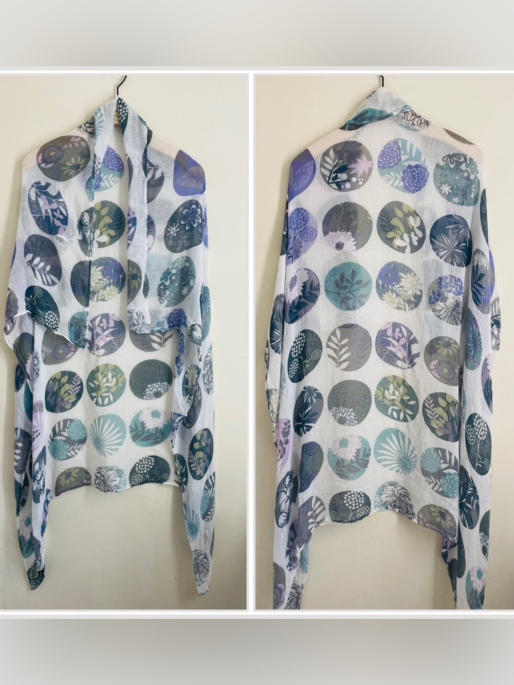 Botanical Floral Circle Print Linen Wrap Shawl Scarf 45x46